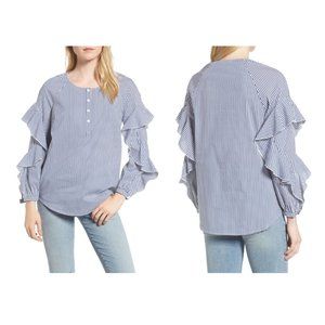 NWT Splendid Womens Ruffled Long Sleeves Henley Top Blue/White Size Large K0014